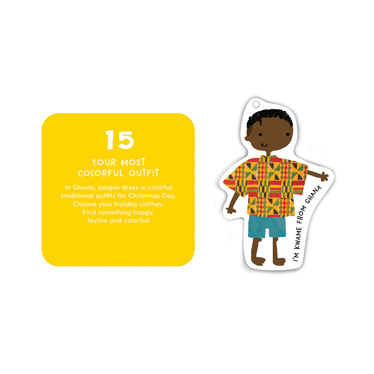 Holiday activities and Christmas ornaments featured in the Around the World advent calendar.